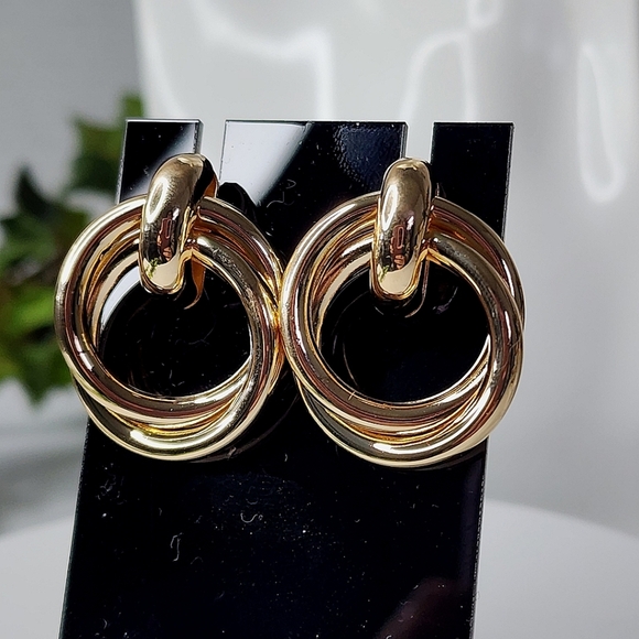 Gold Double Hoop Post Earrings New - Picture 5 of 6